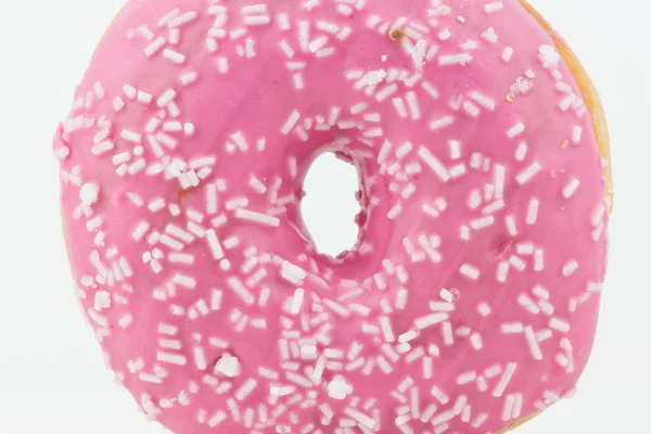 Closeup Delicioso Rosa Colorido Donut Fundo Branco Com Chocolate Branco — Fotografia de Stock