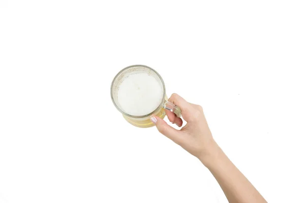 Женщина Держит Кружку Пивом Белом Фоне Isolated — стоковое фото
