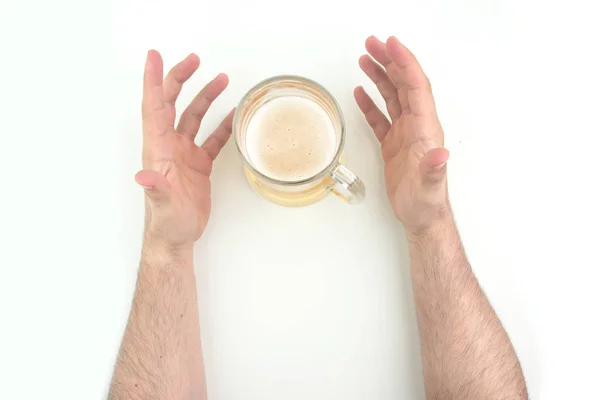 Two Man Hands With Beer Mug Between On White Background