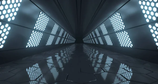 Tmavě Futuristické Sci Dlouhý Tunel Šestiúhelník Světly Reflexní Podlahy Vykreslování — Stock fotografie