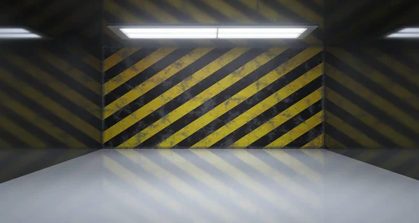 Prázdná Místnost Jedním Světlem Nebezpečnosti Pruhované Grunge Rusty Zdi Vykreslování — Stock fotografie