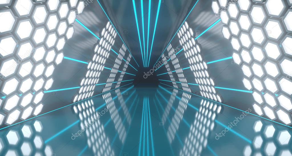 Bright Futuristic Long Sci-Fi Tunnel With Hexagon Lights And Reflective Floor. 3D Rendering Illustration