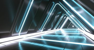 Karanlık fütüristik üçgen Sci-Fi boş koridor oda renkli Neon ışıkları ve yansımaları. 3D render illüstrasyon