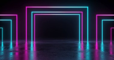 Beton zemin üzerinde yansıması ile renkli dikdörtgen Neon tüplerin boş oda. 3D render illüstrasyon