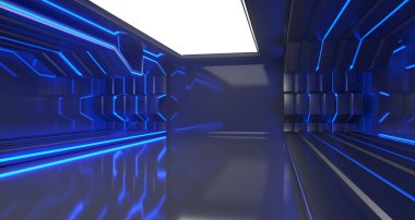 Yansıtıcı yüzeyler ile karanlık boş Sci-Fi fütüristik gemi oda. 3D render illüstrasyon