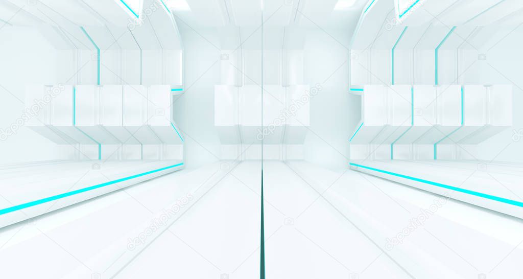 Bright White Empty Sci-Fi Futuristic Ship Room With Reflective Surfaces. 3D Rendering Illustration