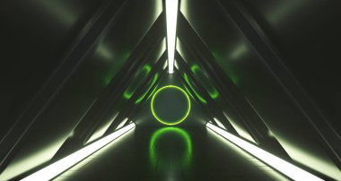 Yeşil daire ışık merkezi ile üçgen Sci-Fi fütüristik koridor. 3D render illüstrasyon