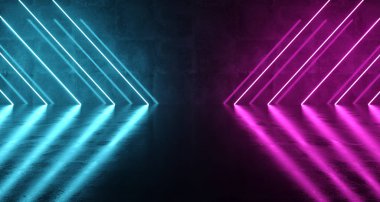 Mor ve Mavi Neon üçgen ışıklar beton yansımaları ile bilim-kurgu fütüristik karanlık oda. 3D render illüstrasyon