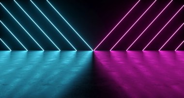 Mor ve Mavi Neon üçgen ışıklar beton yansımaları ile bilim-kurgu fütüristik karanlık oda. 3D render illüstrasyon