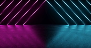 Mor ve Mavi Neon üçgen ışıklar beton yansımaları ile bilim-kurgu fütüristik karanlık oda. 3D render illüstrasyon
