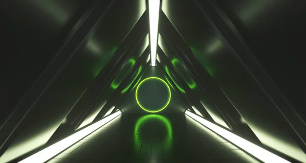 Triangle Sci Futuristic Corridor Green Circle Light Center Rendering Illustration — Stock Photo, Image