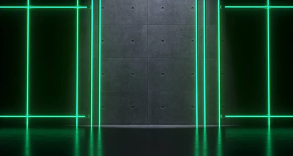 Futuristic Sci-Fi Room With Green Neon Lights And Concrete Wall With Empty Space And Reflections. 3D Rendering Illustration