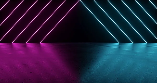 Sci Futuristische Donkere Kamer Met Paarse Blauwe Driehoek Neonlichten Met — Stockfoto