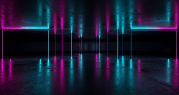 Sci-FI Futuristic Grunge Room With Purple And Blue Neon Lights With Concrete Reflections. 3D Rendering Illustration