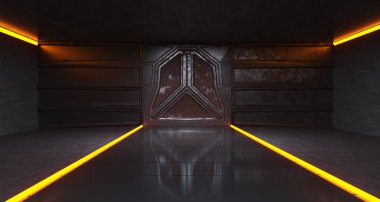 3d render fütüristik Sci-Fi eski paslı Metal uzay gemisi kapısı soyut Neon ile koyu parlak tünelde ışık