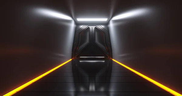 Futuristic Sci-Fi Metal Spaceship Gate In Dark Glossy Tunnel With Abstract Neon Lights 3D Rendering