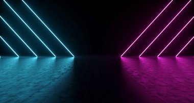 Zemin üzerine düşünceler ile mor ve mavi şekilli Neon ışıkları. 3D render illüstrasyon