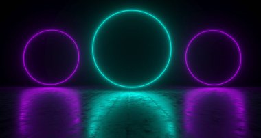 Mavi daire şeklinde Neon ışıkları ile zemin üzerine düşünceler. 3D render illüstrasyon