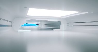 Dünya View.3d render ile parlak temiz fütüristik Sci-Fi Uzay gemisi Oda.