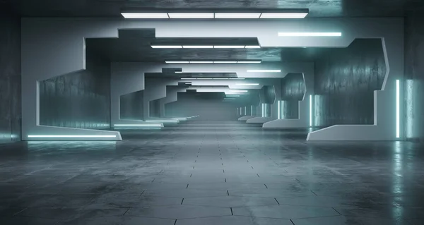 Fütüristik Sci-Fi Uzay gemisi koridor Led ışıkları ve beton altıgen Floor.3d şekil oluşturma