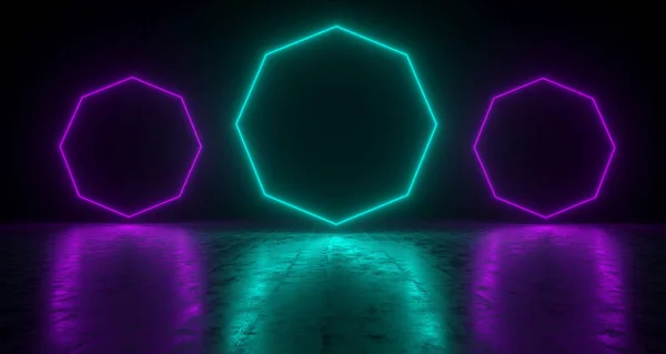 Blue Octagon Shaped Neon Lights With Reflections On The Floor. 3D Rendering  Illustration