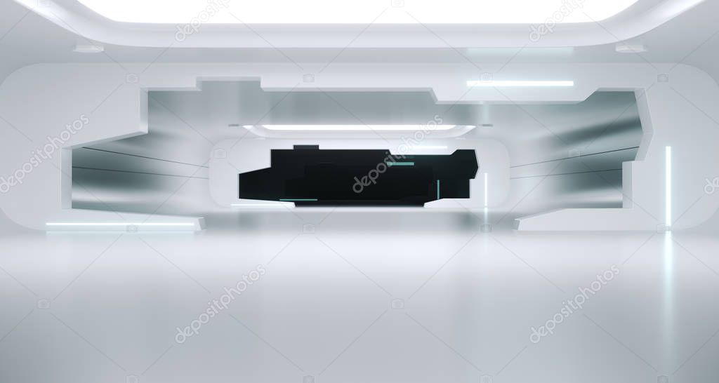 Bright Clean Futuristic Sci-Fi Space Ship Room With Reflections. 3d Rendering Illustration