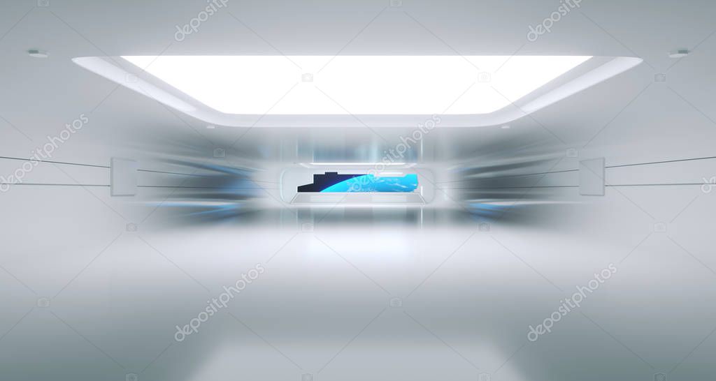 Bright Clean Futuristic Sci-Fi Space Ship Room With Earth View.3d Rendering.