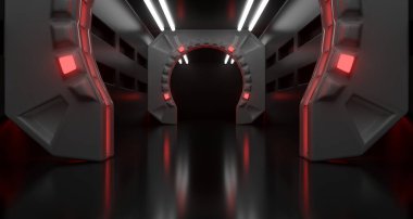 Fütüristik Sci-Fi Uzay gemisi koridor ışıklı soyut yuvarlak elemanları ile 3d render illüstrasyon