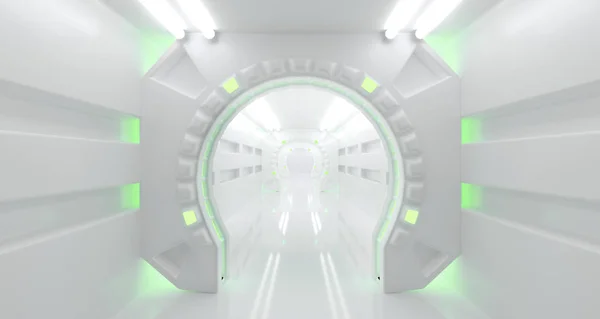 近未来サイエンス フィクション宇宙船の廊下照明の抽象的なラウンドの要素を持つ レンダリング図 — ストック写真