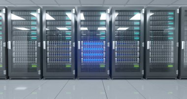 Big High Tech Server Data Center With Reflective Floor And A Lot Of Servers Artificial Intelligence Concept. 3D Rendering Illustration clipart