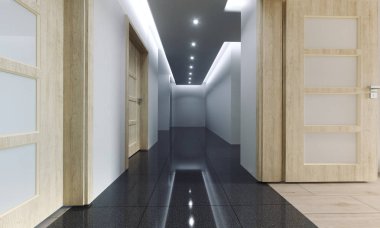 Yeni daire ev koridor Led ışıkları ve yansıtıcı karanlık Floor.3d illüstrasyon render ile ahşap duvarlar