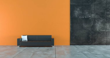 Yüksek karşıtlık boş oda portakal ve karanlık beton duvarlar ve siyah deri koltuk minimalist Concept.3d çizim oluşturma