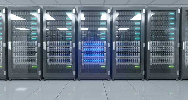 大きなハイテク サーバー データ センター反射床とサーバー人工知能概念の多く レンダリング図 — ストック写真