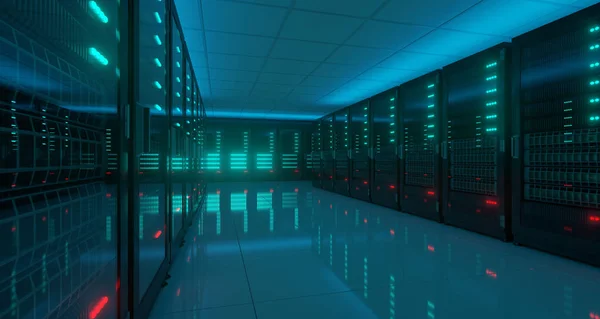 Büyük Karanlık Yüksek Teknoloji Sunucu Veri Merkezi Yansıtıcı Kat Yapay — Stok fotoğraf