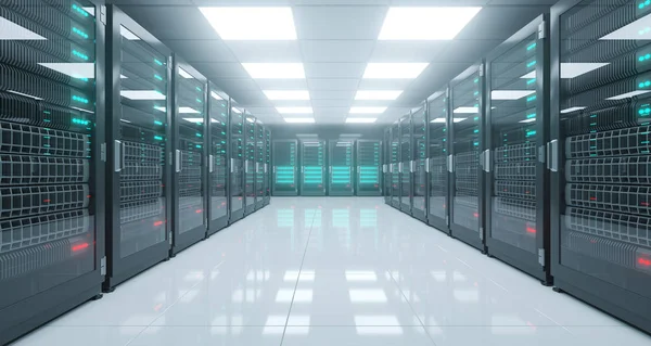 Big High Tech Server Data Center With Reflective Floor And A Lot Of Servers. 3D Rendering Illustration