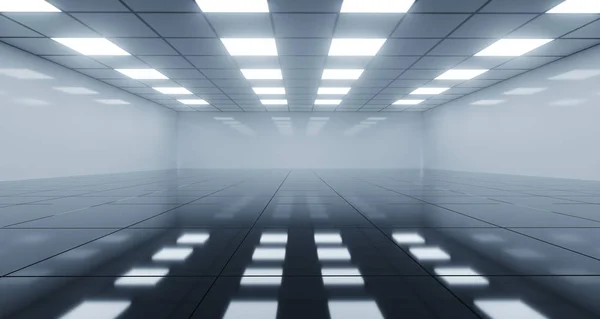 Huge Black And White Empty Room With Square Lights On Ceiling And Reflective Floor. 3D Rendering Illustration