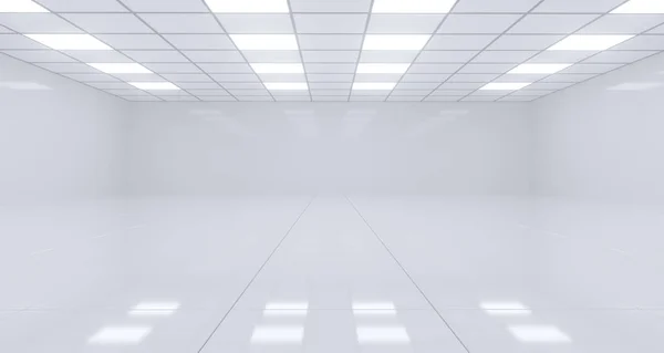 Huge White Empty Room With Square Lights On Ceiling And Reflective Floor. 3D Rendering Illustration