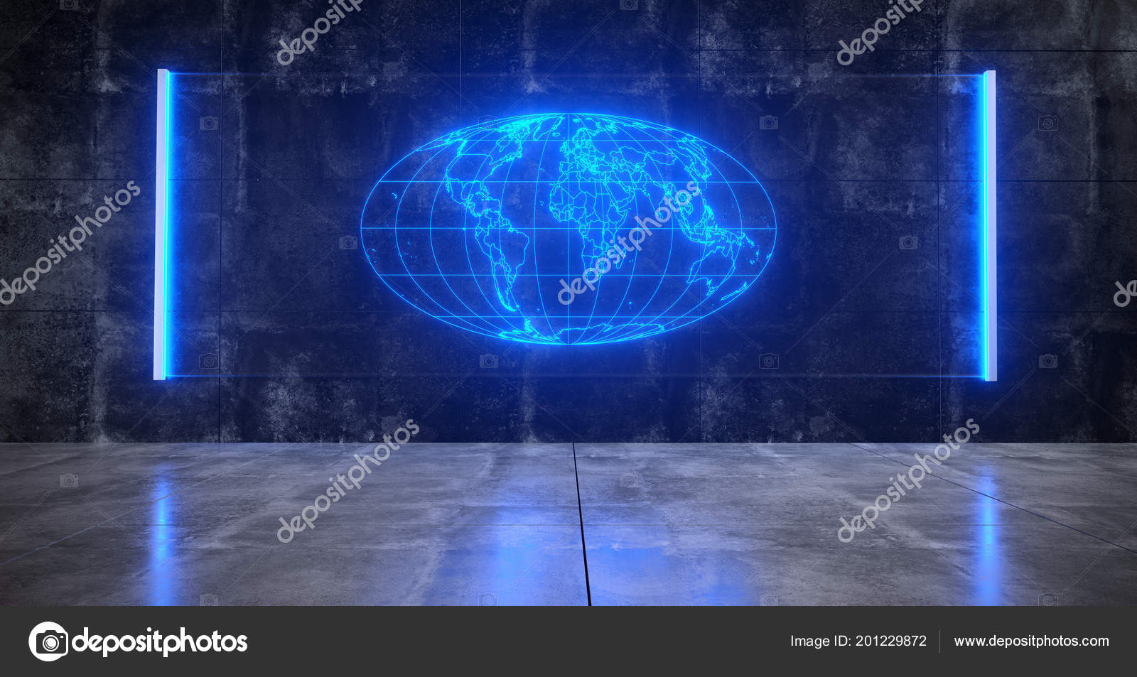 Futuristic Sci Concrete Dark Room World Map Hologram Blue