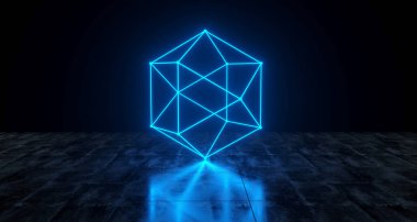 Geometrik fütüristik Sci-fi Neon ilkel düşük poli küre ışık karanlık Grunge Beton yüzey 3d render illüstrasyon