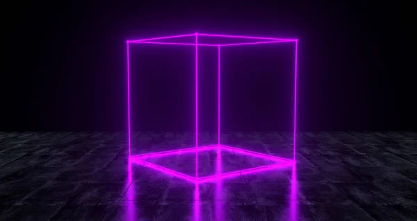 Geometric Futuristic Sci-fi Neon Primitive Cube Light On Dark Grunge Concrete Surface 3D Rendering Illustration