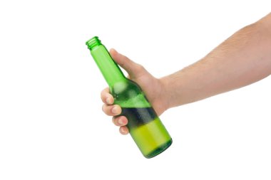 Yeşil buz soğuk ıslak Condensated Lager bira şişe bira ve köpük ile izole içinde tutan el