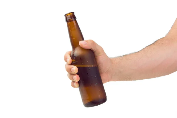 Hand Met Bruin Ijs Koude Natte Gecondenseerde Pils Fles Met — Stockfoto