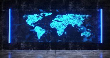 Pleksus dünya harita Hologram ile parlak cam futuristik Sci-Fi Oda Hologram mavi ışıklı. 3D render illüstrasyon