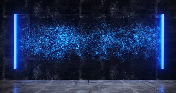 Pleksus Hologram ile parlak cam futuristik Sci-Fi Oda Hologram mavi ışıklı. 3D render illüstrasyon
