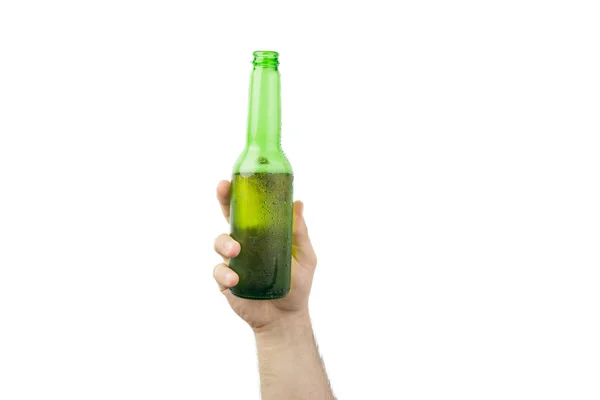 Bottiglia Birra Fredda Bagnata Con Ghiaccio Isolata Bianco — Foto Stock