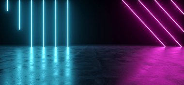 Fütüristik Sci-Fi soyut mavi ve mor Neon ışık metin için siyah arka plan ve yansıtıcı boş alanı betonla şekiller 3d render illüstrasyon