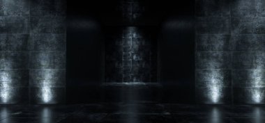 Boş Led ışıklar yüksek karşıtlık ve yansımaları karanlık beton Oda 3d render illüstrasyon