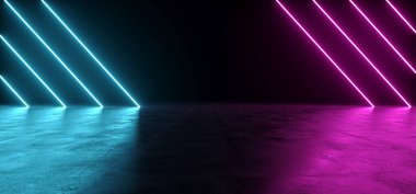 Fütüristik Sci-Fi soyut mavi ve mor Neon ışık metin için siyah arka plan ve yansıtıcı boş alanı betonla şekiller 3d render illüstrasyon