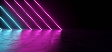 Fütüristik Sci-Fi soyut mavi ve mor Neon ışık metin için siyah arka plan ve yansıtıcı boş alanı betonla şekiller 3d render illüstrasyon
