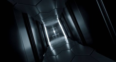 Karanlık fütüristik Modern Sci Fi yansıtıcı koridor yansıtıcı altıgen zemin ve tavan ve yan ışıklar 3d render illüstrasyon